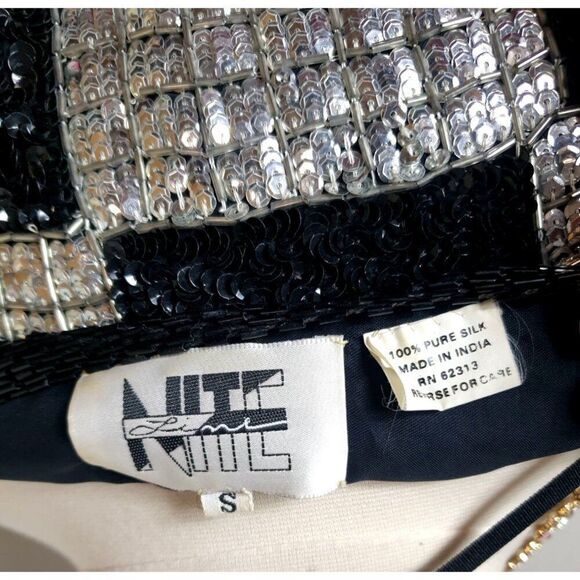 Vintage NITE Line Black Silver Sequin Jacket S Checkered Open Front Silk India - Picture 7 of 7